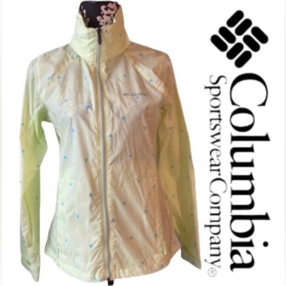 Columbia Womens Lime Green Chevron Print Full Zip‎ Windbreaker Jacket Hooded